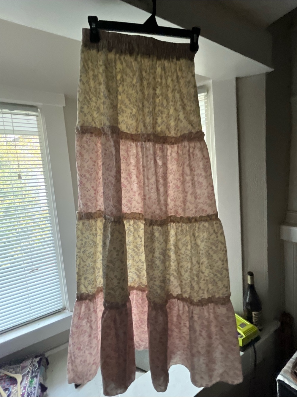 Bohemian Tiered Floral Maxi Skirt in Cream and Pink